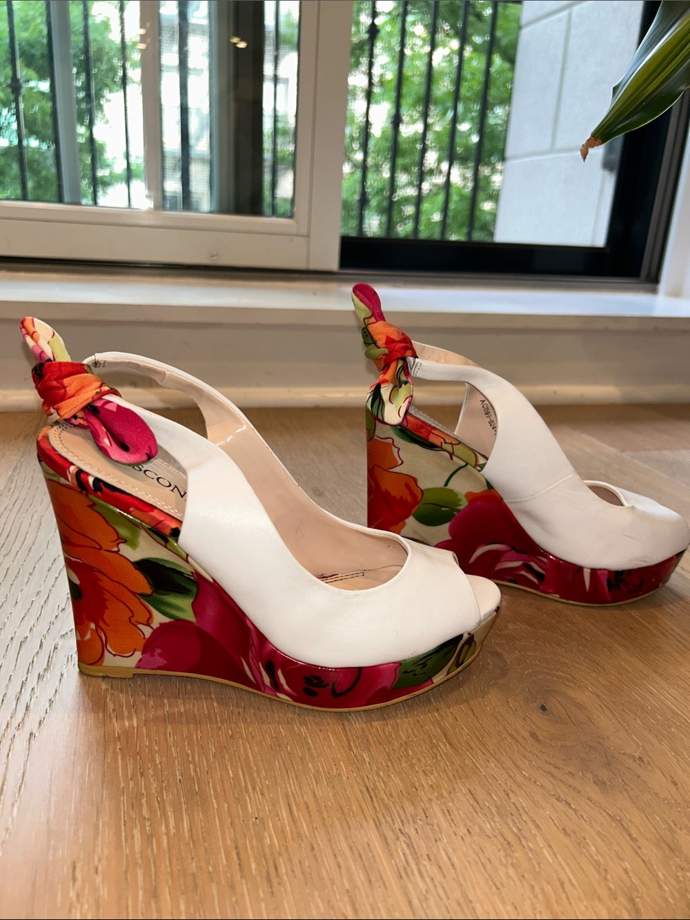 Basconi White Peep-Toe Slingback Heels with Colorful Scarf Tie